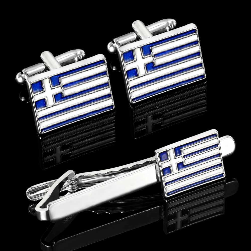 Blue and white flag Greek cufflinks and tie clip set W250111