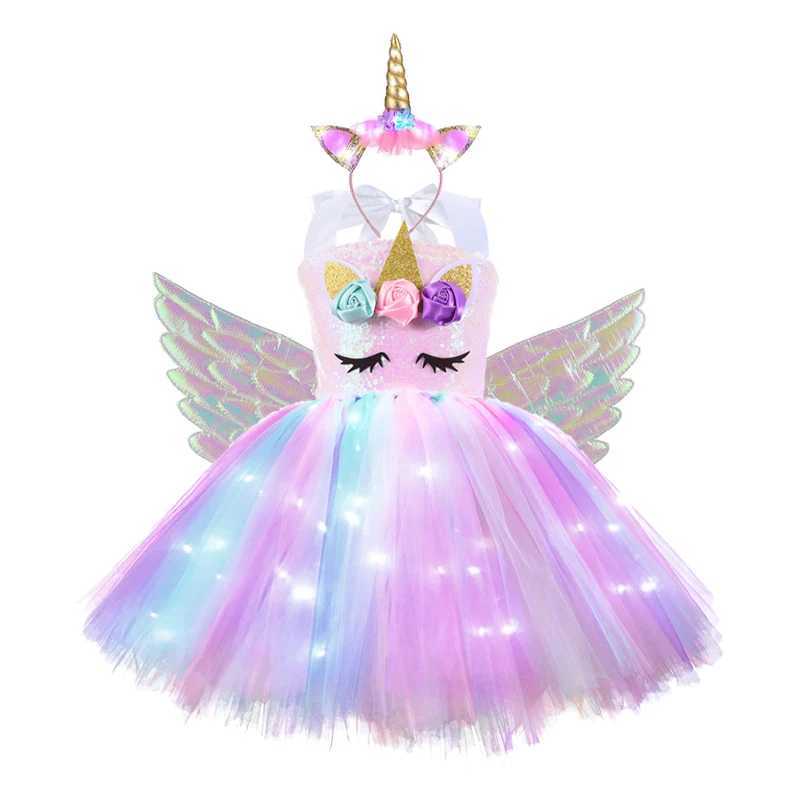 Girl rainbow lit Tutu childrens birthday dress Par glitter glowing knee length dress Halloween animal costume W250111