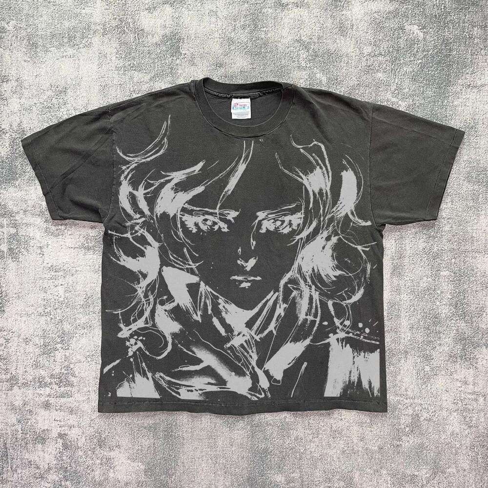 Japanese anime cartoon printed short shirt with a youthful and unique street feel, hand-painted graffiti half sleeved T-shirt