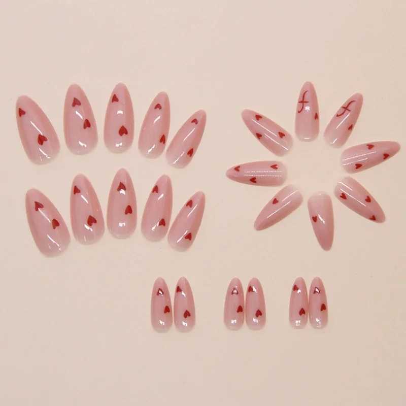 24Pcs Valentine Nude Pink Press-On Nails with Heart Patterns Glossy Almond Shape Sweety False Nails for Women Girls Daily NailsXJ250110