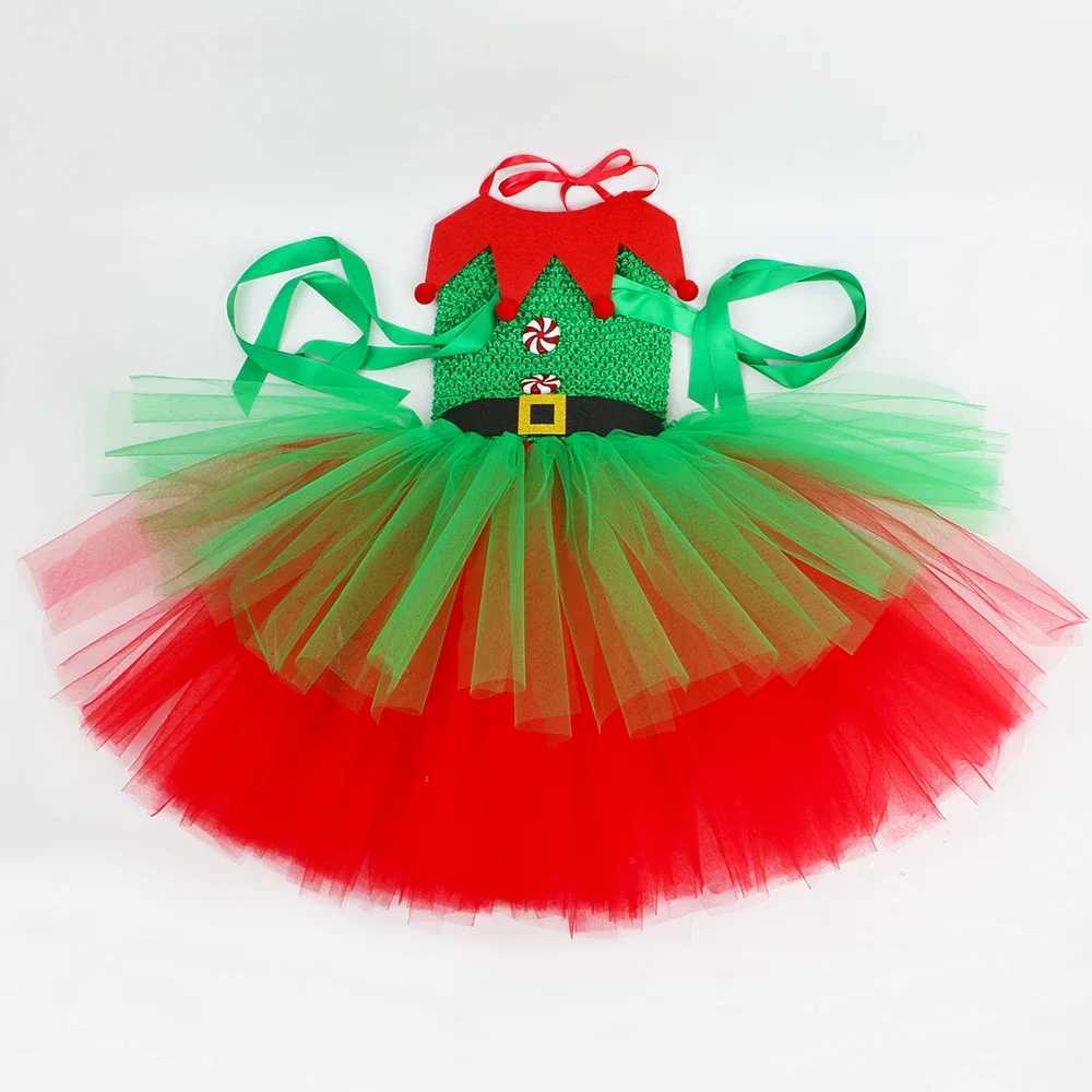 Girls Christmas elf costume childrens fancy Christmas costume set green and red childrens Christmas Par grid chiffon Tutu dress W250111