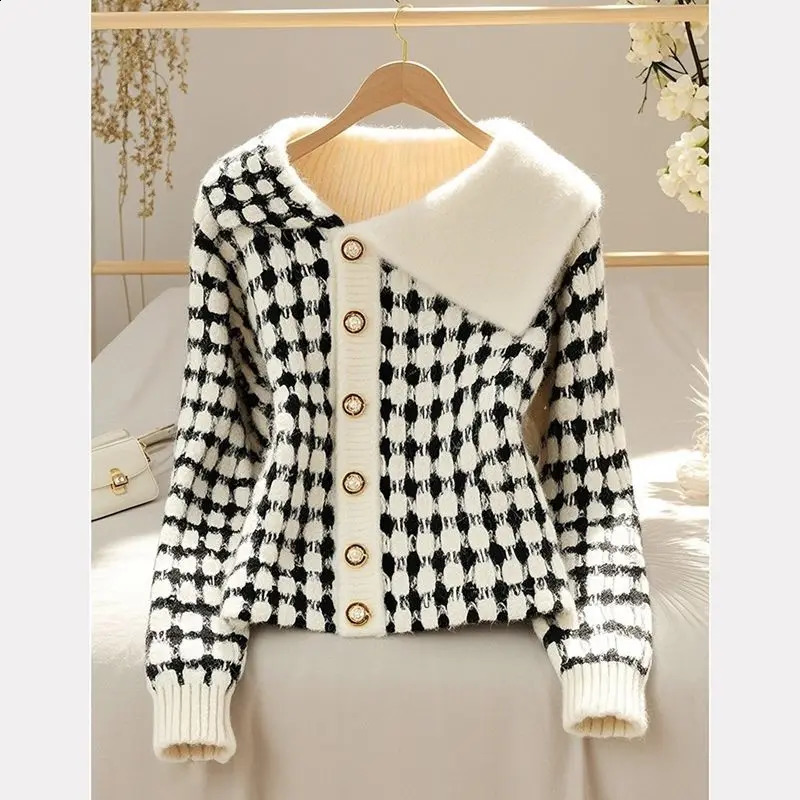 Turn-down Collar Knitting Cardigan Coat Women Autumn Winter Elegant Temperament Sweater Fashion All-match Trend Knitwear Tops 250106