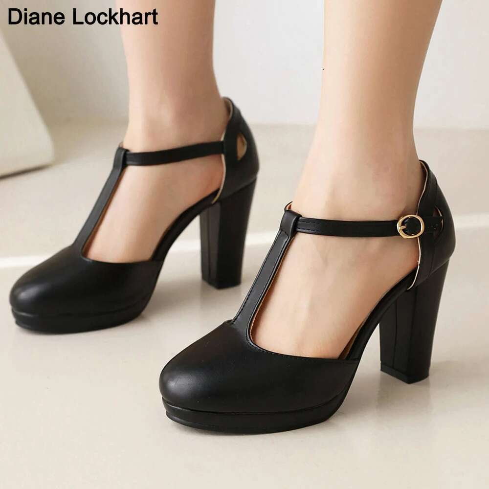 Plus Size 40 43 High Heel Shoes Round Toe Heels Retro Womens Platform Pumps With Party Wedding Footwear T Strap Female Sandals
