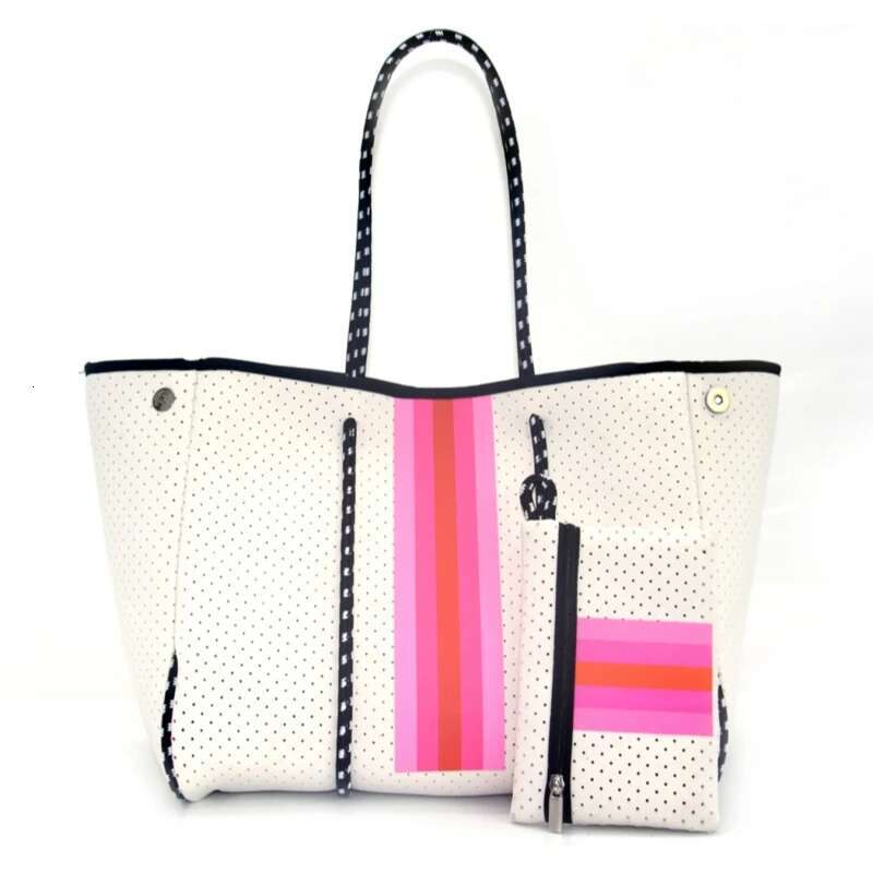 Hot Selg Striped Printing Women Traveg Handbag Big Hand Neoprene Ladies Perforated Beach Tote Bag
