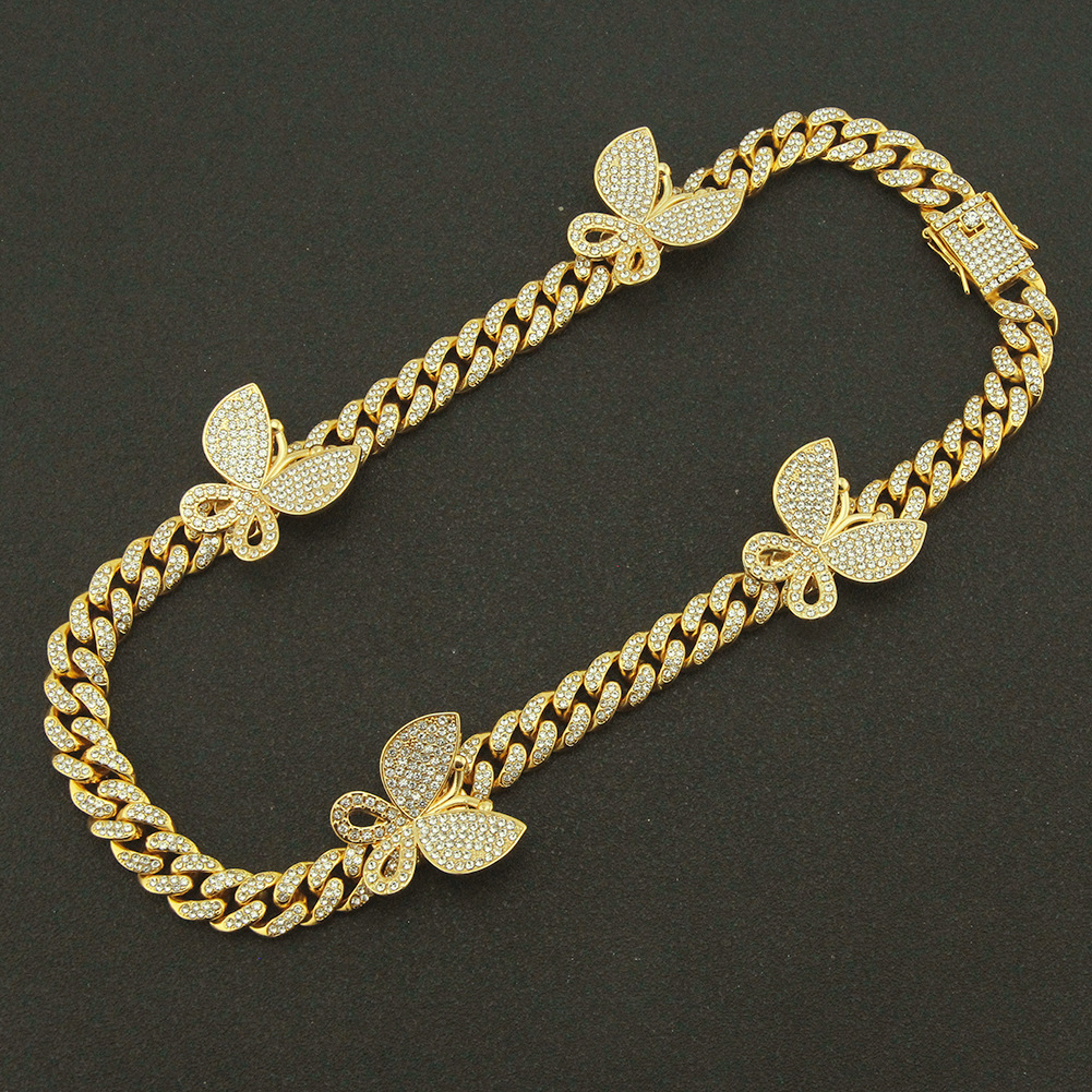 New 18mm pink white zircon s thorns Cuban chain bracelet spring buckle Butterfly necklace