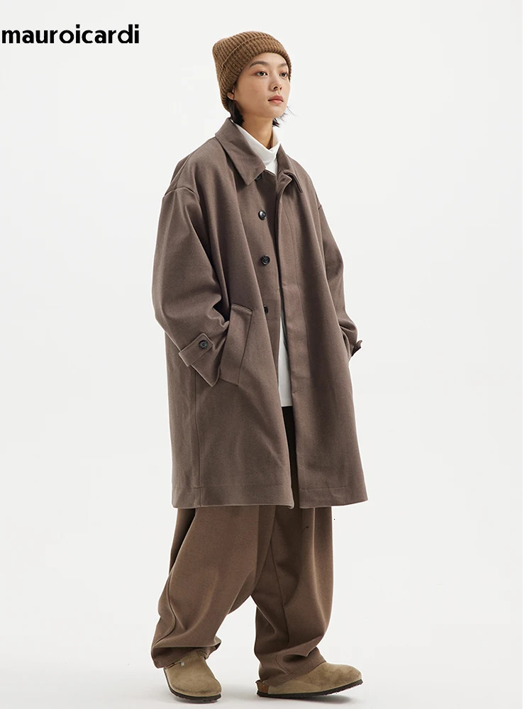 Mauroicardi Autumn Winter Long Warm Thickened Loose Casual Wool Blends Coat Men Single Breasted Japanese Style Fashion 250106