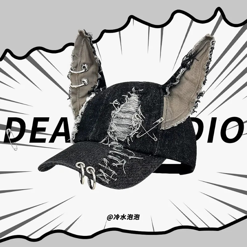 Niche Y2k Dark Punk Style Hoop Pin Rabbit Ears Baseball Cap Men and Women Ripped Street Trend Sunshade Adjustable Hip Hop Hat250108