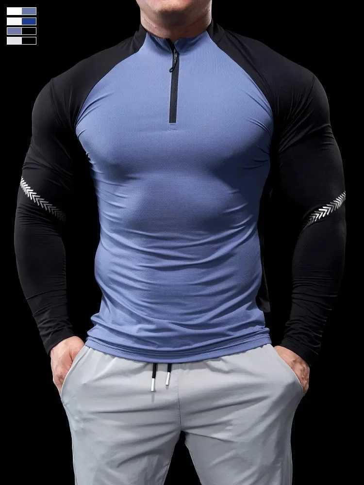 Mens autumn and winter tight fitness suit polo shirt half zip running suit long sleeved quick drying elastic sports thin W250111