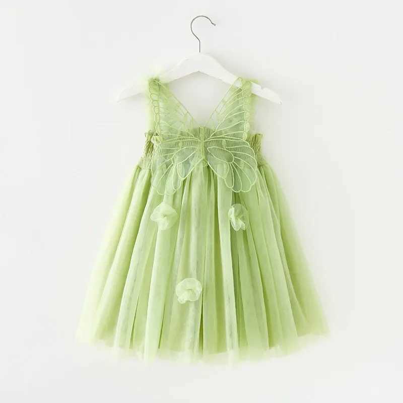 2025 New Summer Childrens Clothing Girl Princess Birthday Dress Bow Wing Fairy Strap Butterfly Mesh Dress W250111