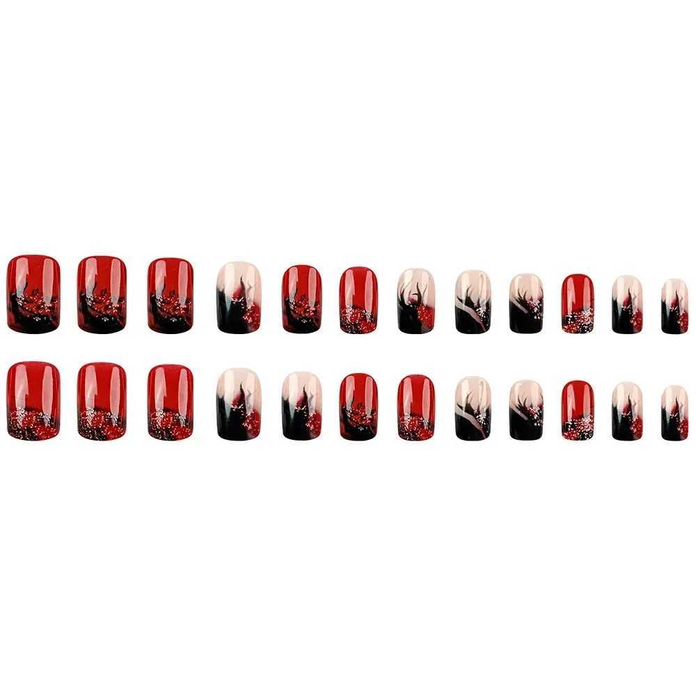 24Pcs French Black Red Color Mix Long Ballet Fake Nails Openwork Floral Pattern Wearable Acrylic Nails False Press on Nail TipsXJ250110