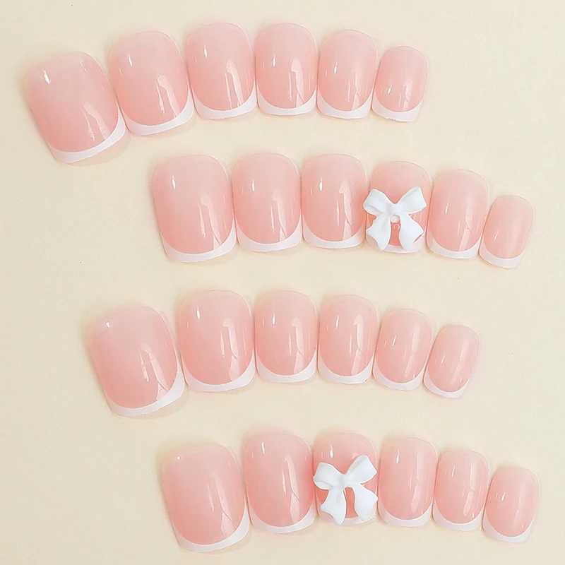 24Pcs White French Press On Nails 3D Bow Full Coverage Wearable False Nails Suitable for Women and Girls DIY Nail ArtXJ250110