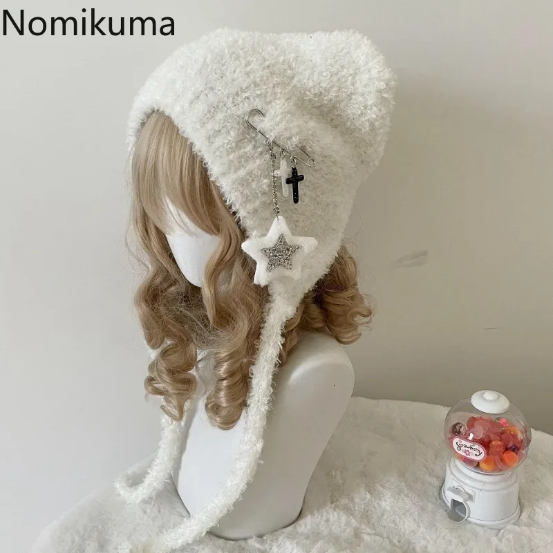 Y2K Cute Star Knitted Bean Hat Ins Cute Japanese Gorilla Knitted Wool Warm Hat Autumn Winter Cat Ear Horn Womens Hat 250110