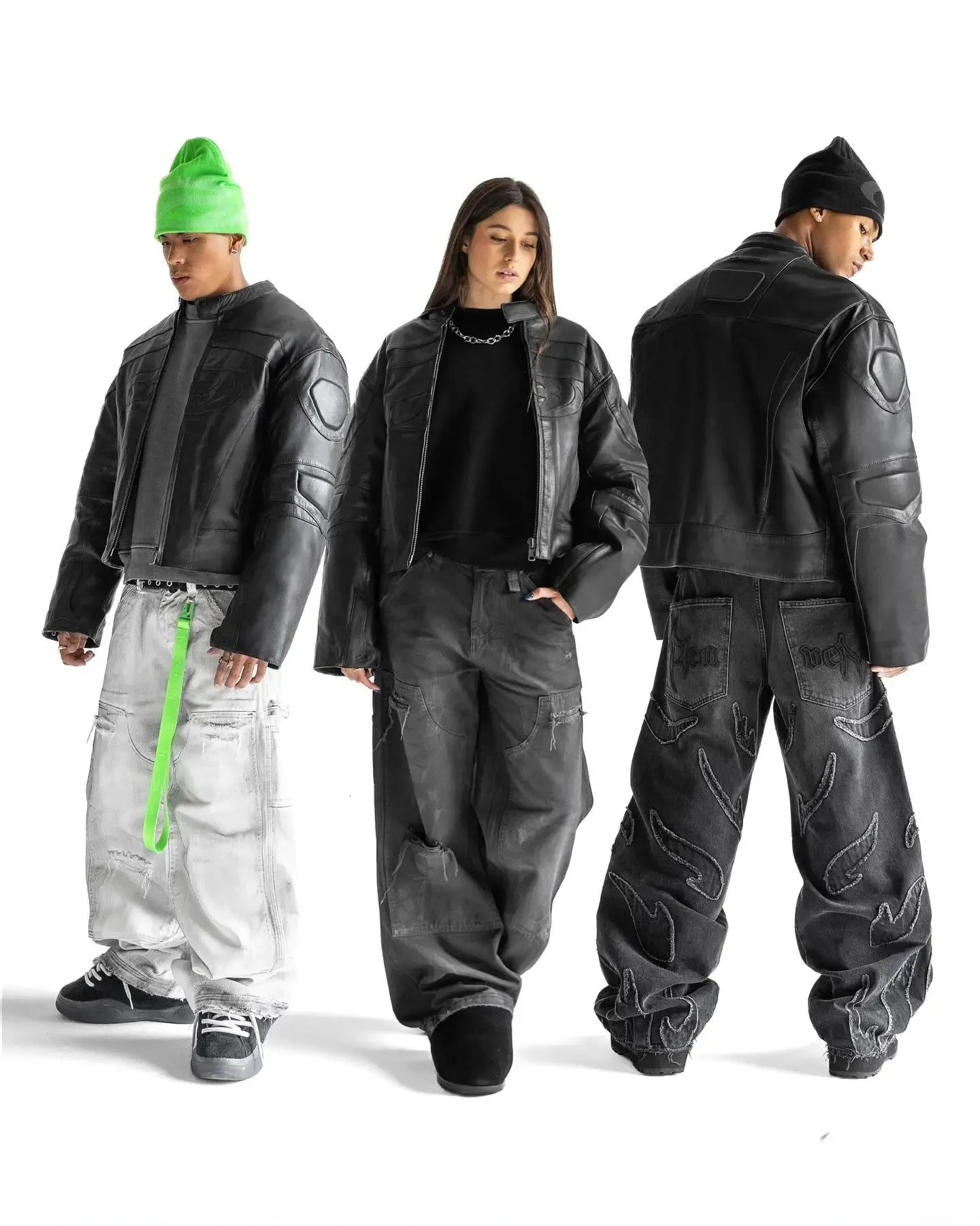 Autumn Winter Motorcycle Leather Jacket Loose Black Embroidery Zip Up for Men Windbreak Coat Casual Y2k Clothing 250107