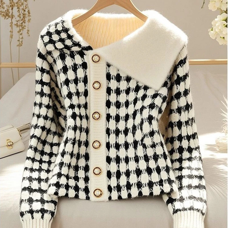 Turn-down Collar Knitting Cardigan Coat Women Autumn Winter Elegant Temperament Sweater Fashion All-match Trend Knitwear Tops 250106