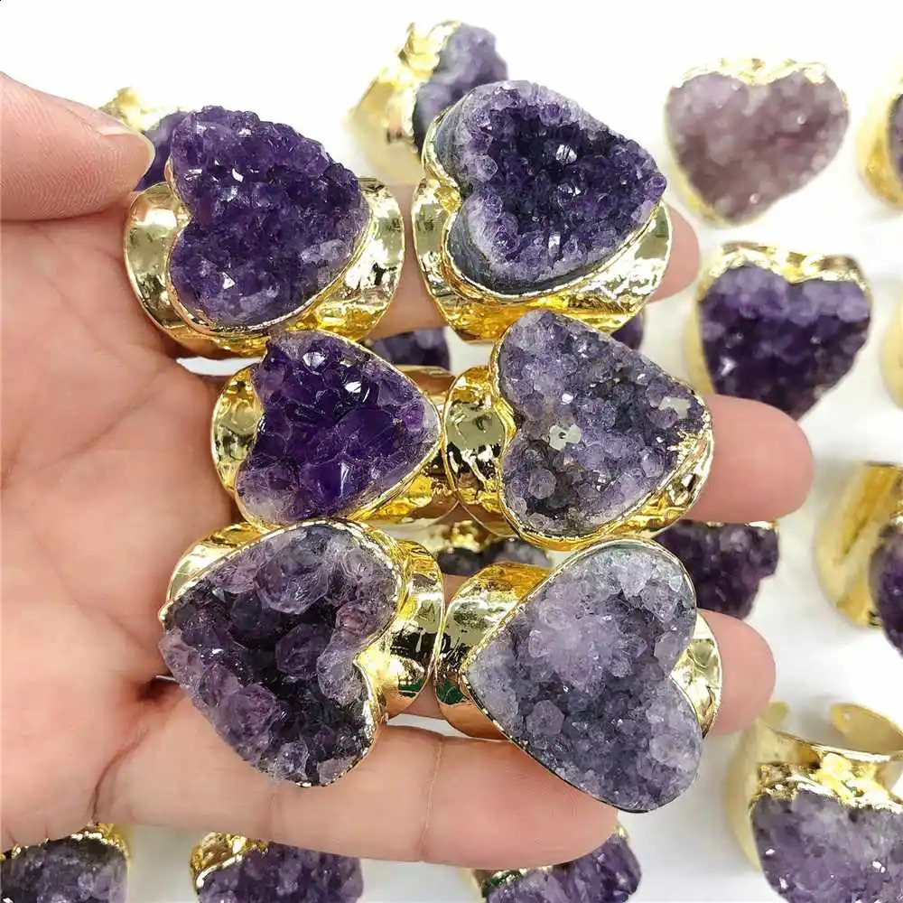 FUWO Wholesale Natural Amethysts Cluster Cuff RingsAmazing Heart Shaped Golden Plated Brass Jewelry For Women 5Pcs/Lot RG001G 250106