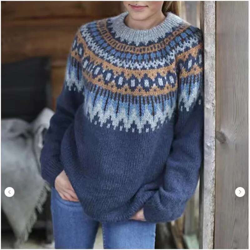 New Fashion Knitted Sweaters Women Winter Warm Graphic Printing Retro Long Sleeve O-Neck Sweater Pullovers Tops Clothing