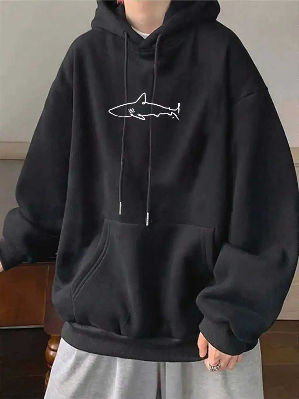 Simple Shark Printing Hoodie For Men Kangaroo Pocket Drawstring Pullovers Thermal Fleece Warm Sweatshirts Autumn Casual Clothes W251106