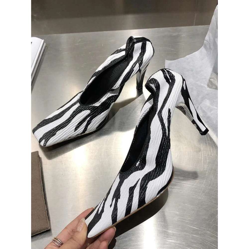 French Retro Single 2024New Zebra Pattern Square Head High Slim Heels Comfortable Soft Leather Women's Shoes