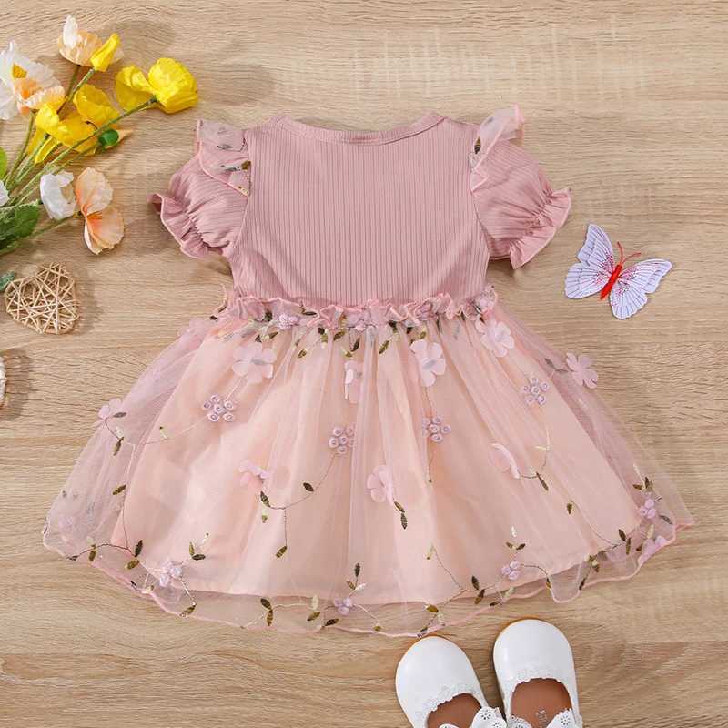Summer baby girl princess dress 0-3Y floral embroidery baby mesh dress childrens puff sleeves cute girl chiffon clothing W250111