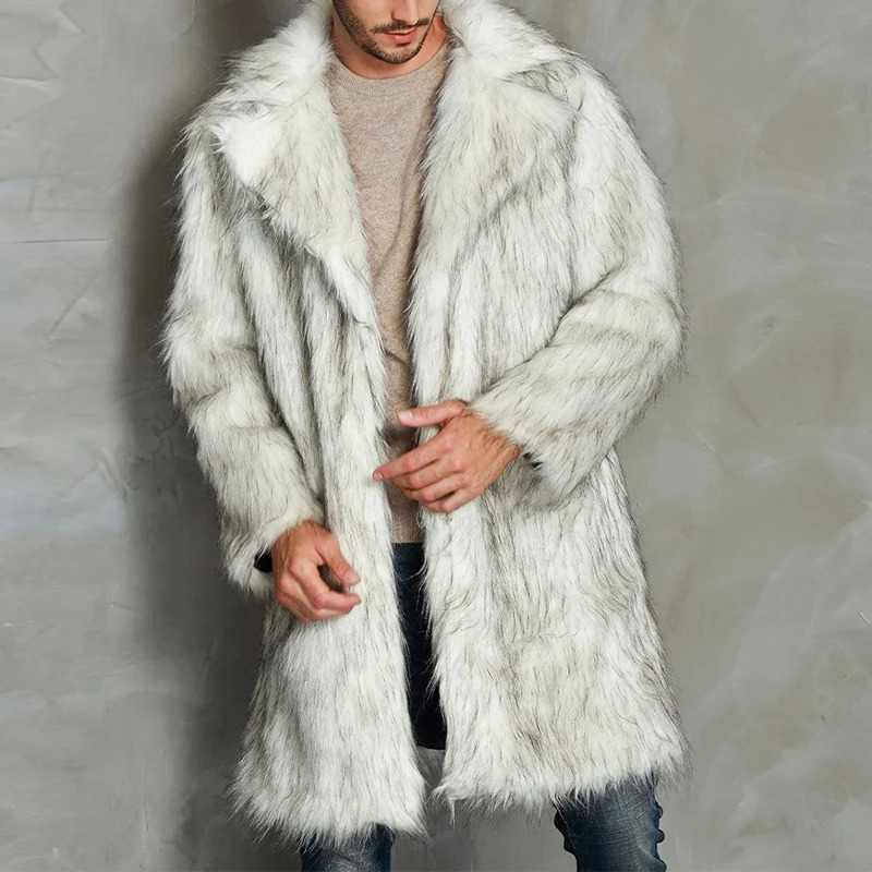 YILEEGOO Men Winter Faux Fur Coat Long Sleeve Lapel Collar Open Front Fluffy Jacket Outwear 250107