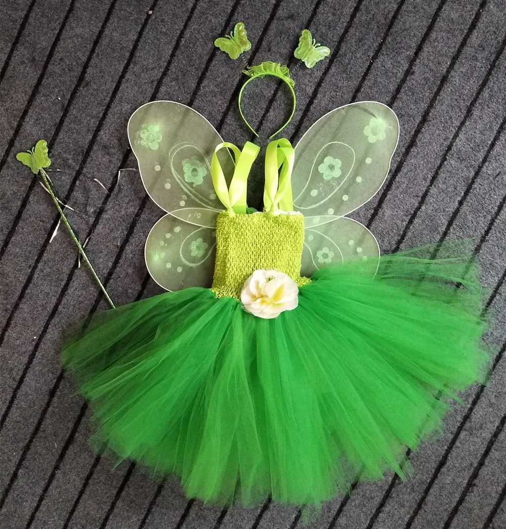 Girls Green Fairy Flower Tutu Dress Childrens Fluffy 2-Layer Tulle Tutu with Butterfly Wing Headband Set Childrens Role Playing Par Dress W250111