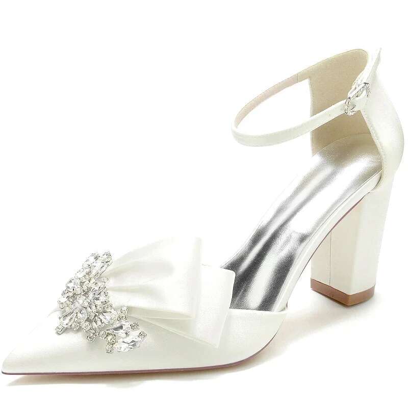 Satin Designer Crystal High Heeled Women Pointed Toe Rhie Chunky Party Dress Fashion Jewel Wedding Shoes