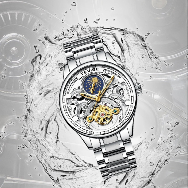 TEVISE Automatic Mechanical Watch Hollowed out Mens Watch with Moon Phase Tourbillon Casual Stainless Steel Strap and Waterproof Function T051-T820A s