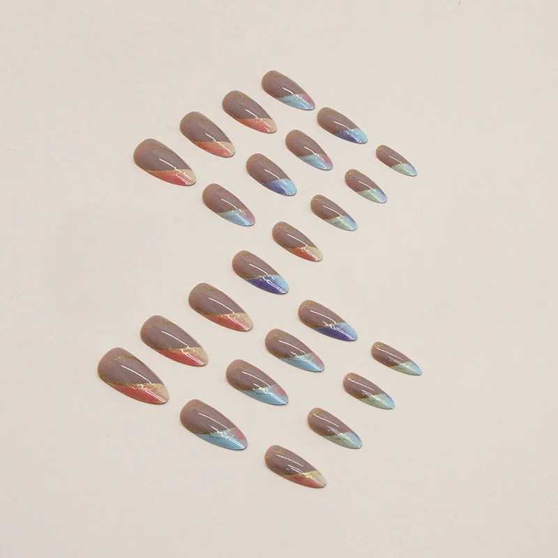 24 PCs Short French Gradient Gold Line Nails with 1 Jelly Gel and 1 Nail FileXJ250110