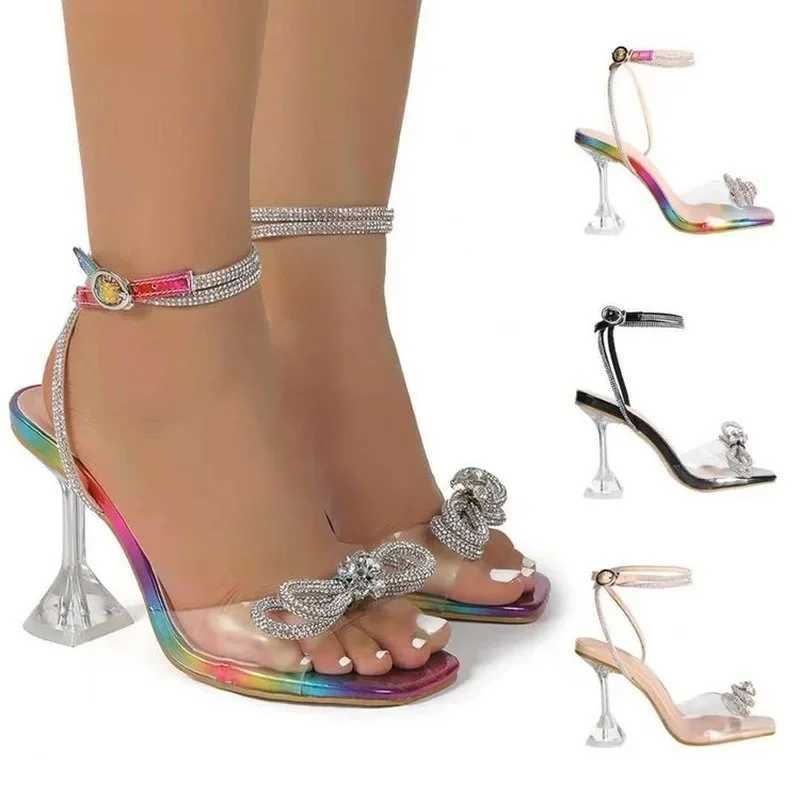 New Arrival Comemore Rheinstone Bow Knot Pump Womens Sandals Jelly Pump High Heels Womens Shoes Summer Sexy Square Toe Plus Size 43 T250110