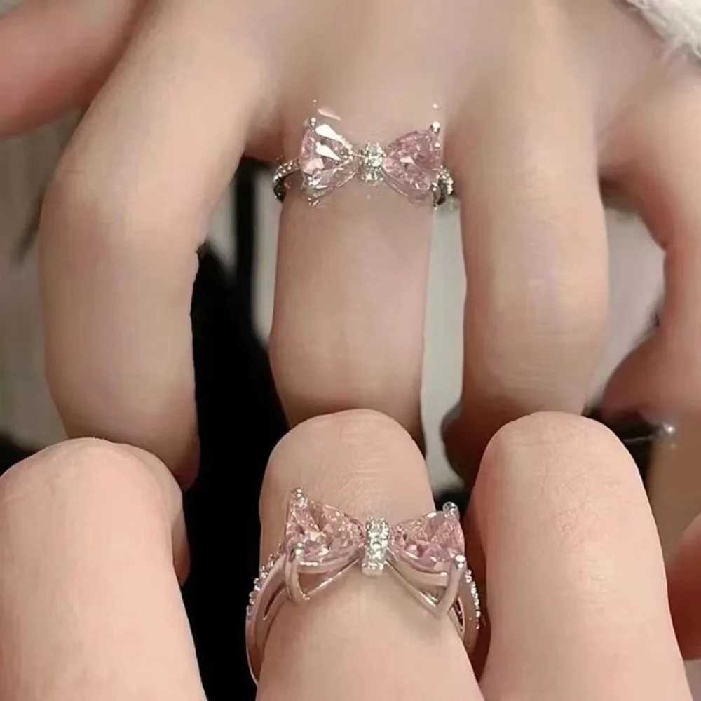 Fashionable Pink Bow Finger Ring Exquisite Sweet Bow Ring Adjustable Bow Open Ring W250111