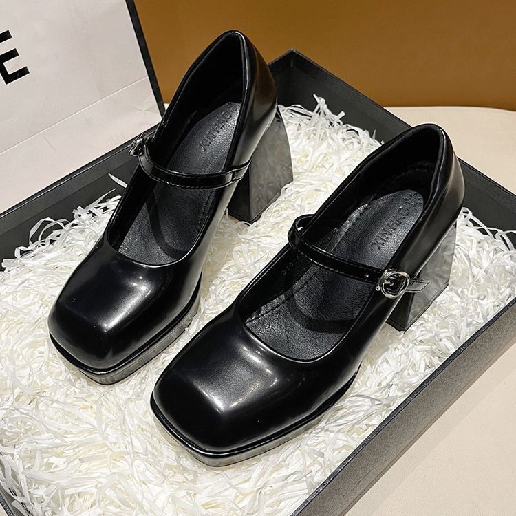 Ddmywed 2024 Summer New Square Headed Universal Shallow Mouth Buckle Leather Mary Jane Women's Thick High Heels Single Shoes Chinese Brand Shoes 