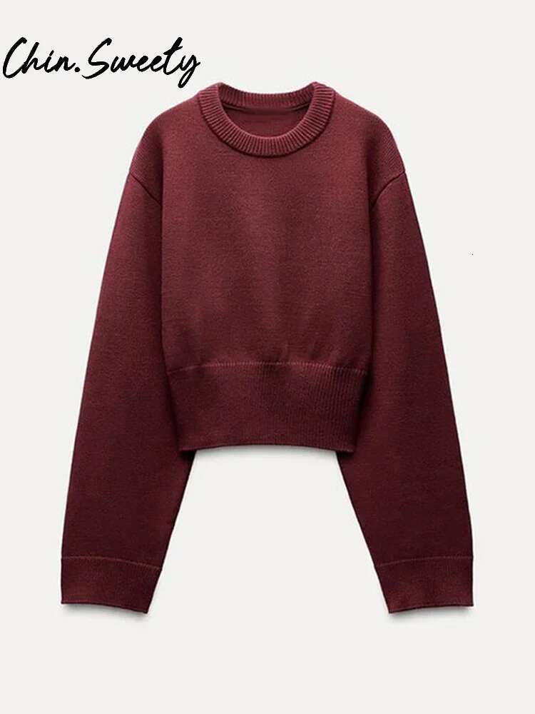 Women's Solid Knitted Crop Sweater Y2k O-Neck Long Sleeve Pleated Female Short Pullover 2025 Spring Lady All-Match Knitwear