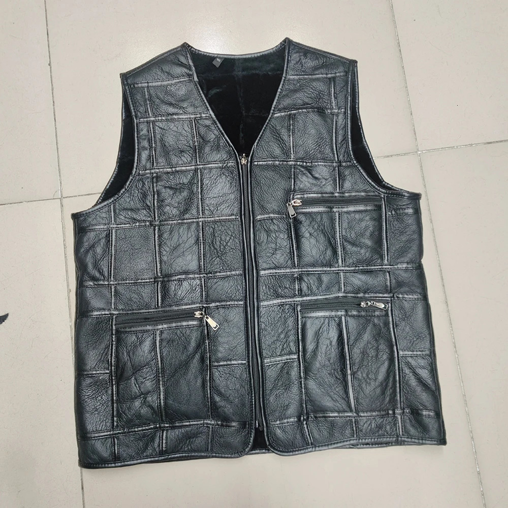 2024 Real Sheepskin Genuine Leather Vest Men Black Waistcoat Male Sleeveless Jacket Thick Motorcycle Multi Pocket Zipper 250107