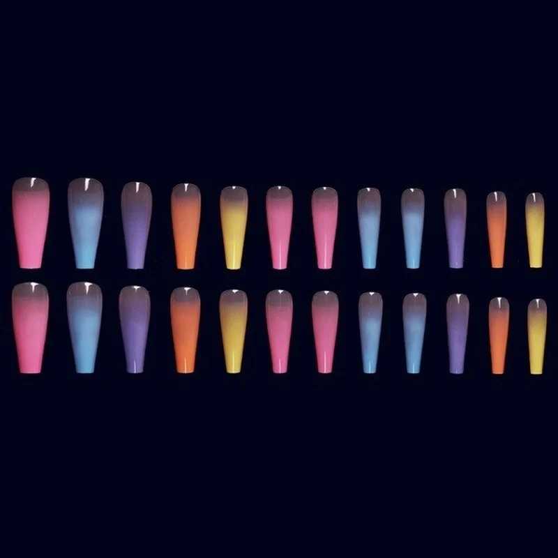 24pcs/bag Long Coffin Fake Nails Rainbow Ballerina Full Cover Nail Art Tips Beauty Artificial False Nails Manicure CharmsXJ250110