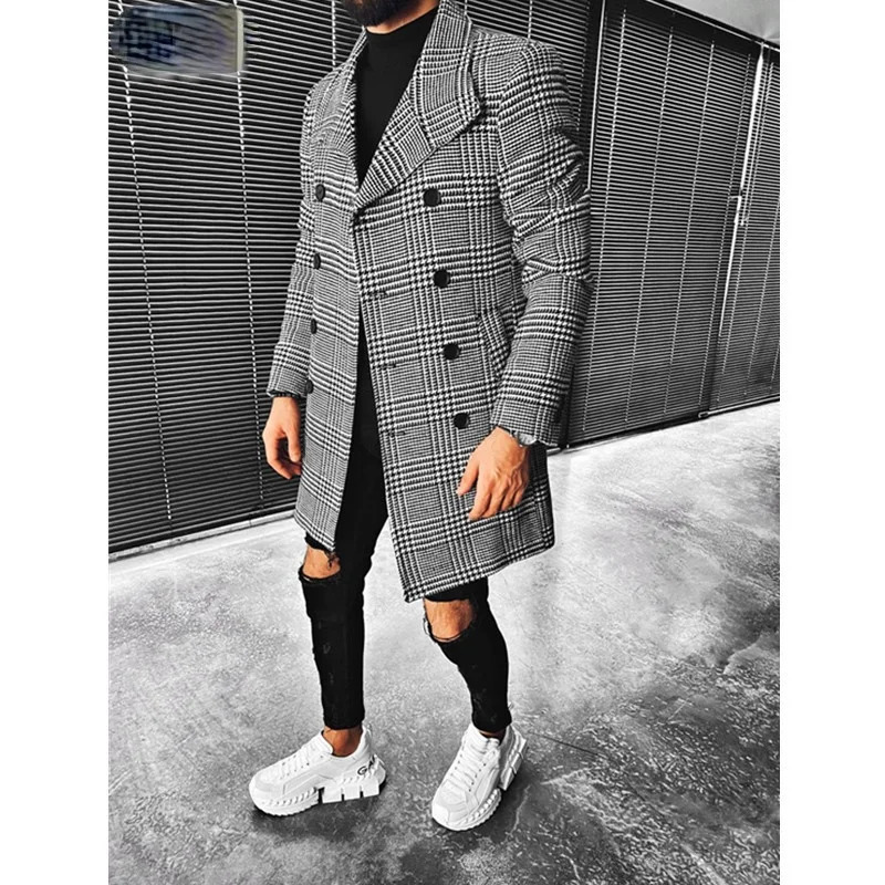Trend Men Coat Autumn Winter Plaid Double Breasted Lapel Midlong Chic Wool Blends 250106
