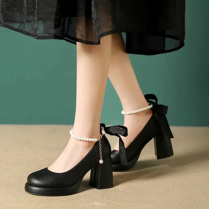 New Arrival Mary Jane/Lolita Platform Shoes Womens High Heels Pearl Bow Ankle Strap Shallow Comfortable Thick High Heels Pump Chaussure T250110