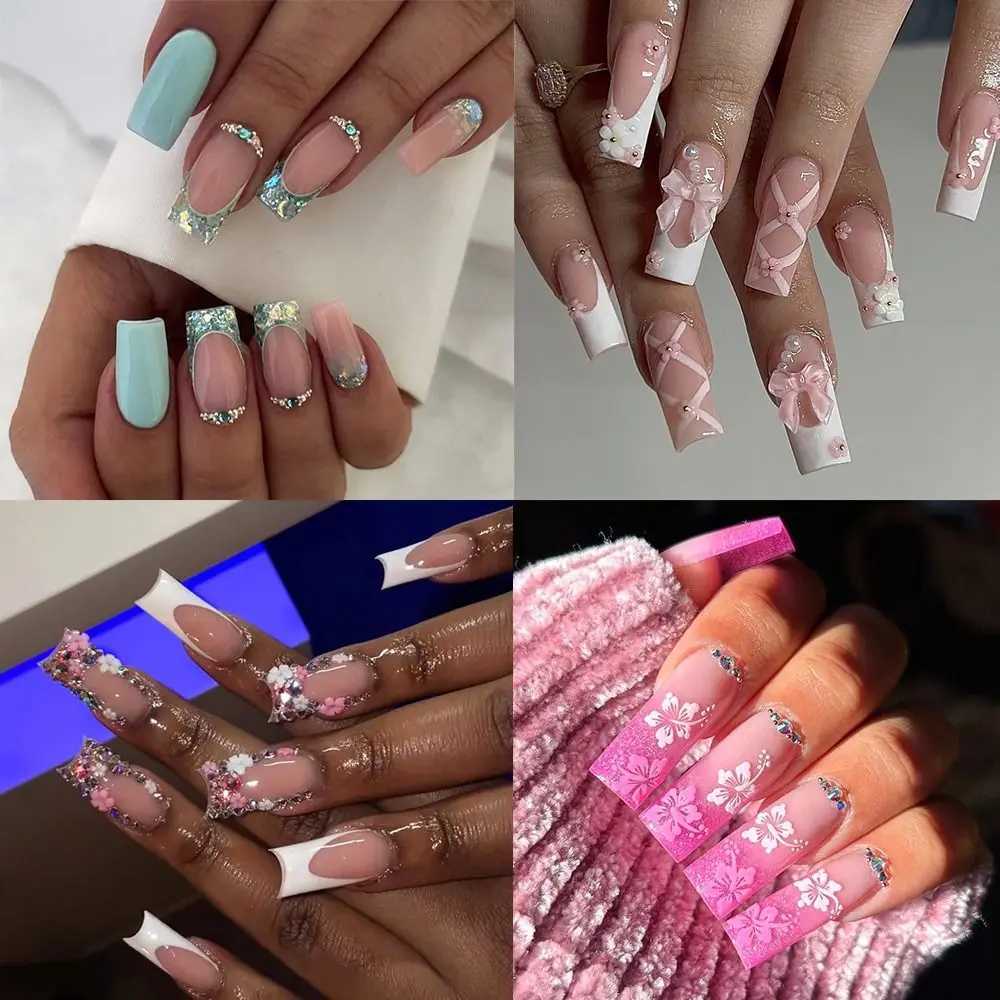 24pcs Long Ballerina Fake Nails Blue Crystal Flowers Pink Bow French False Nails Full Cover Press on Nails DIY DetachableXJ250110