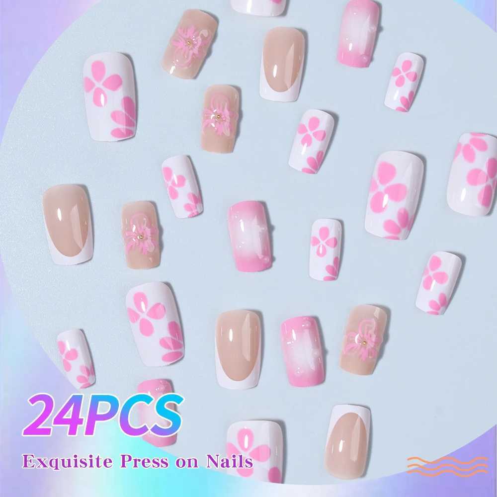 24pcs short and medium false nails square nails colorful painted flowers Water Beads design press on nails removablereusableXJ250110
