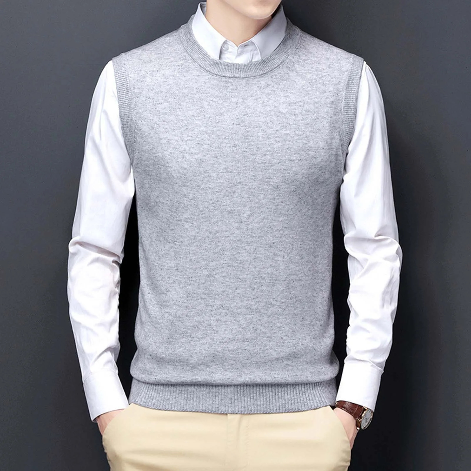 Men Sweater Vest Korean Round Neck Business Casual Fitted Version Black Light Grey Sleeveless Knitted Top Male AllMatch 250107