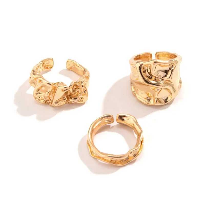 Punk Gold Liquid Ring Set Womens Fashion Irregular Wave Metal Finger Ring Aesthetics Self Gothic Jewelry Birthday Gift W250111