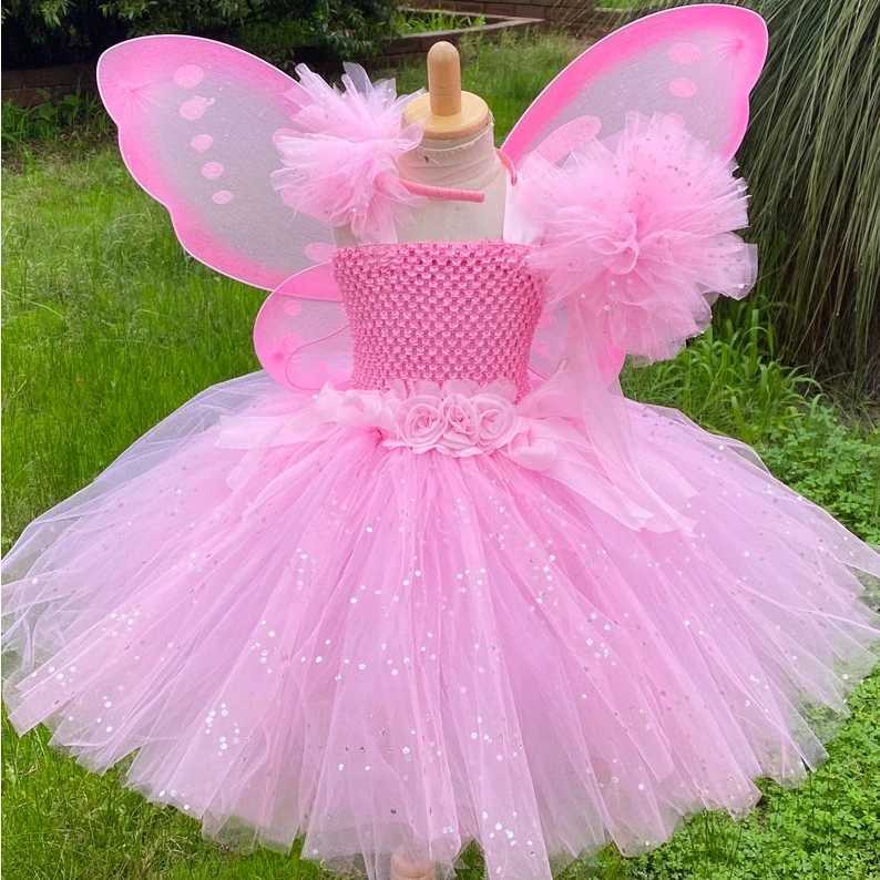 Girl Pink Fairy Dress Childrens Sparkling Picture Flower Dress with Wings and Stick Hair Childrens Birthday Halloween Par Costume W250111