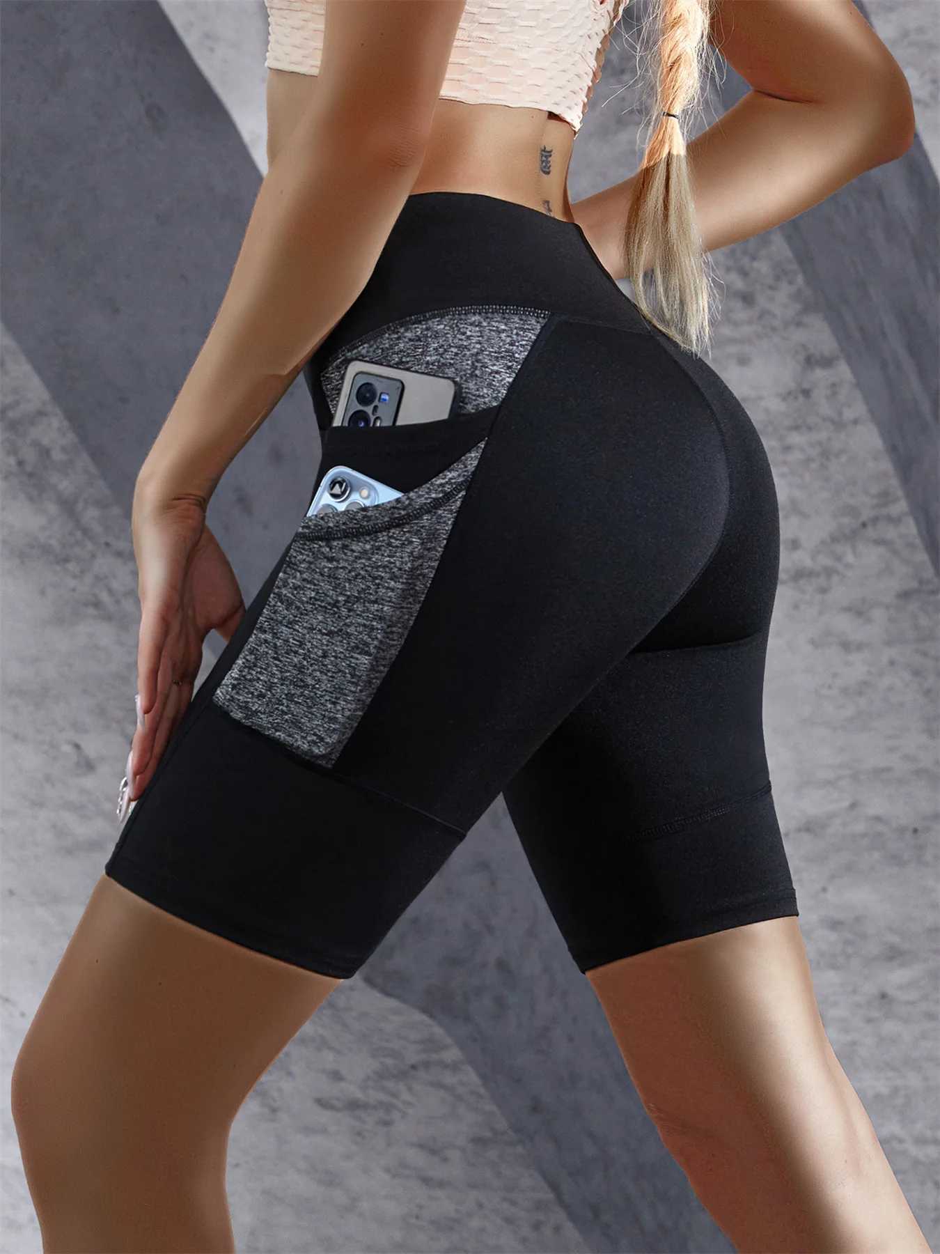 Double Side Pockets Yoga Shorts Colorblocked High Waist Tummy Control Leggings Lift Hips Gym Workout Shorts For WomenXJ250111