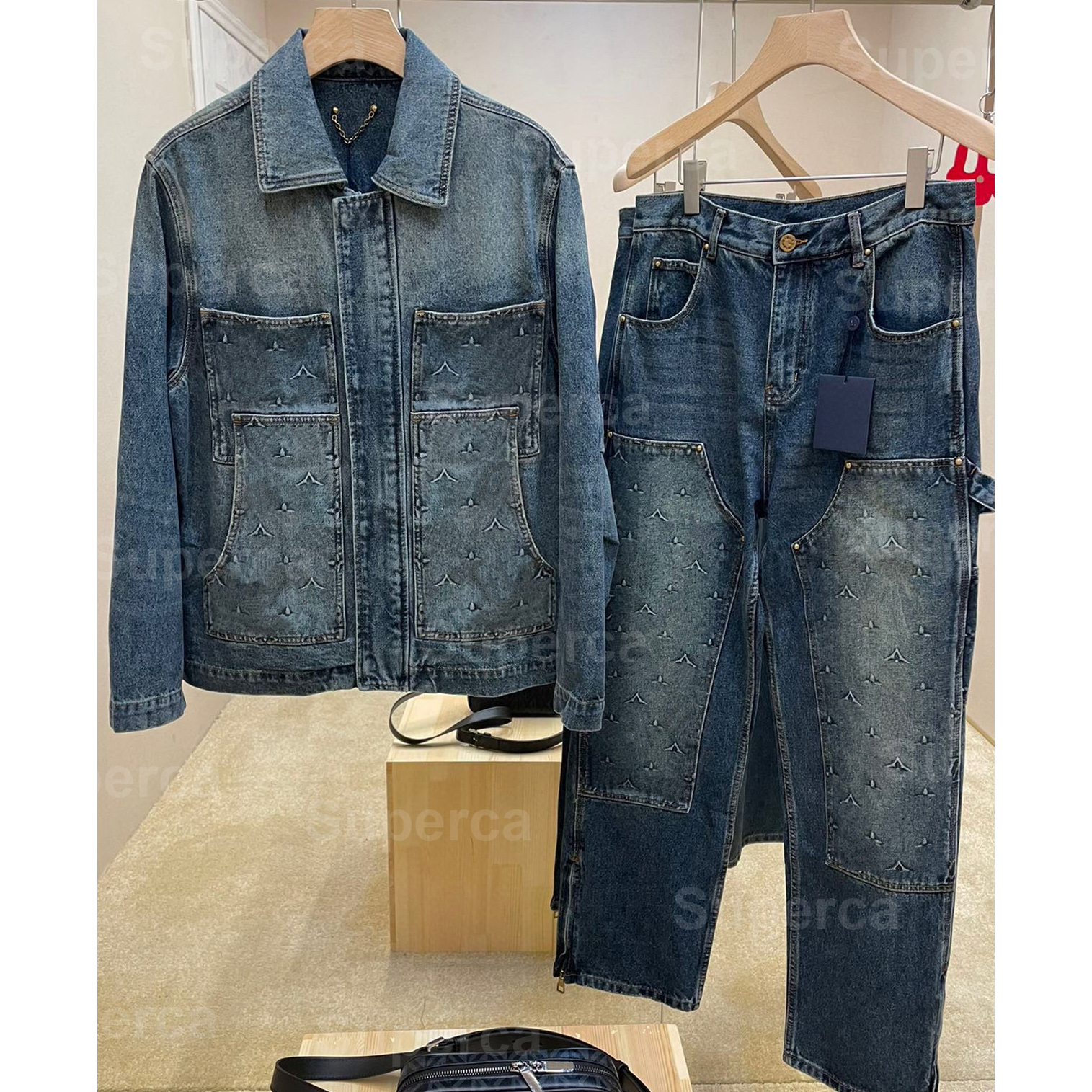 Jacquard Denim Jacket: Unisex Jeans Tracksuits, Plant Print Jean Jacket, Casual Designer Denim Jacket 85l54