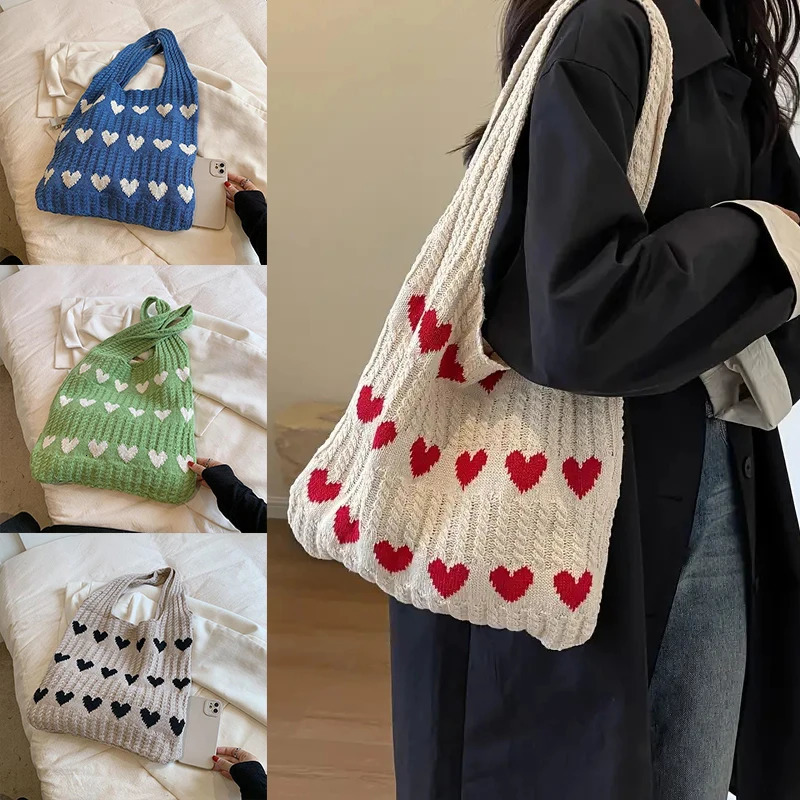 Love Heart Graphic Knitted Tote Bag Fashion Woven Shoulder Aesthetic Crochet For Women 250107