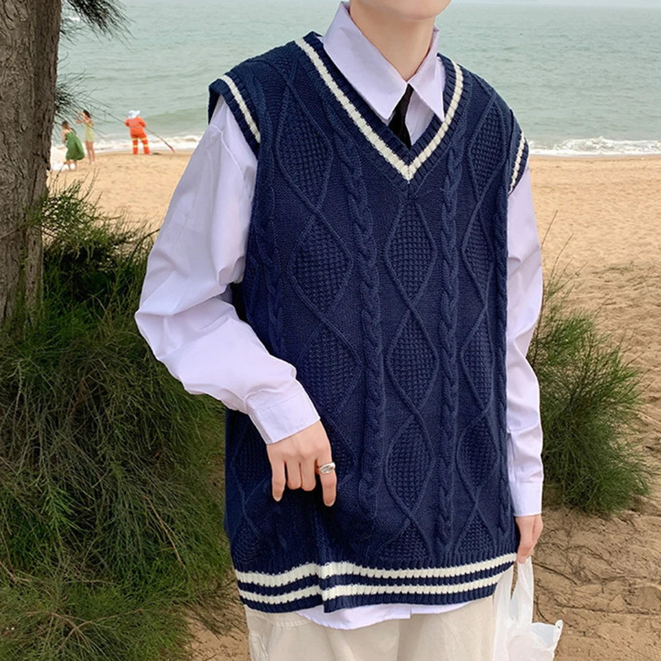 Mens Classic Contrast Color Thermal VNeck Comfortable Cardigan Sleeveless Slight Strech Solid Vest Simple Loose Waistcoat Tops 250107