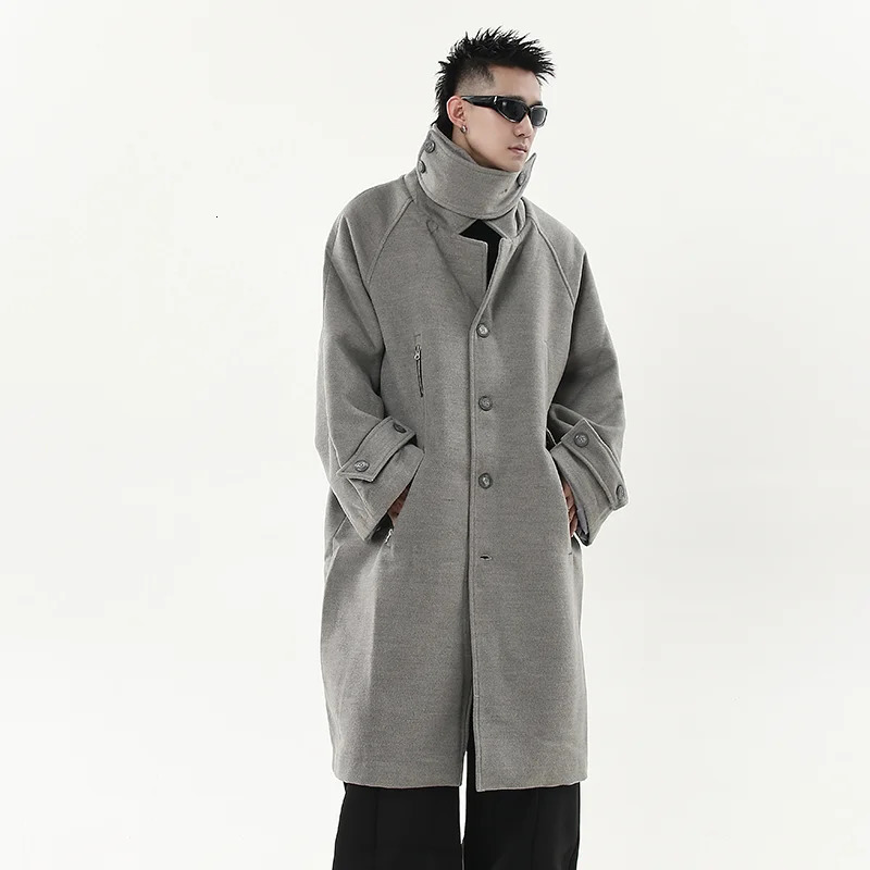 PFNW Vintage Highemd Gray Detachable Stand Collar Tweed Coat Mens Loose Silhouettes Long Casual Woolen Overcoat CPG2233 250106