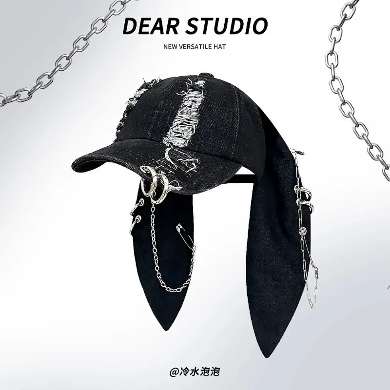 Niche Y2k Dark Punk Style Hoop Pin Rabbit Ears Baseball Cap Men and Women Ripped Street Trend Sunshade Adjustable Hip Hop Hat250108