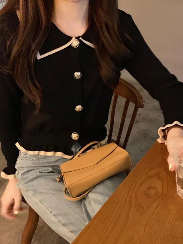 Jmprs Ruffles Sweet Cardigan Sweaters Women Fashion Slim Long Sleeve Knitted Short Coat Elegant Patchwork Korean Lady Black Tops 250106