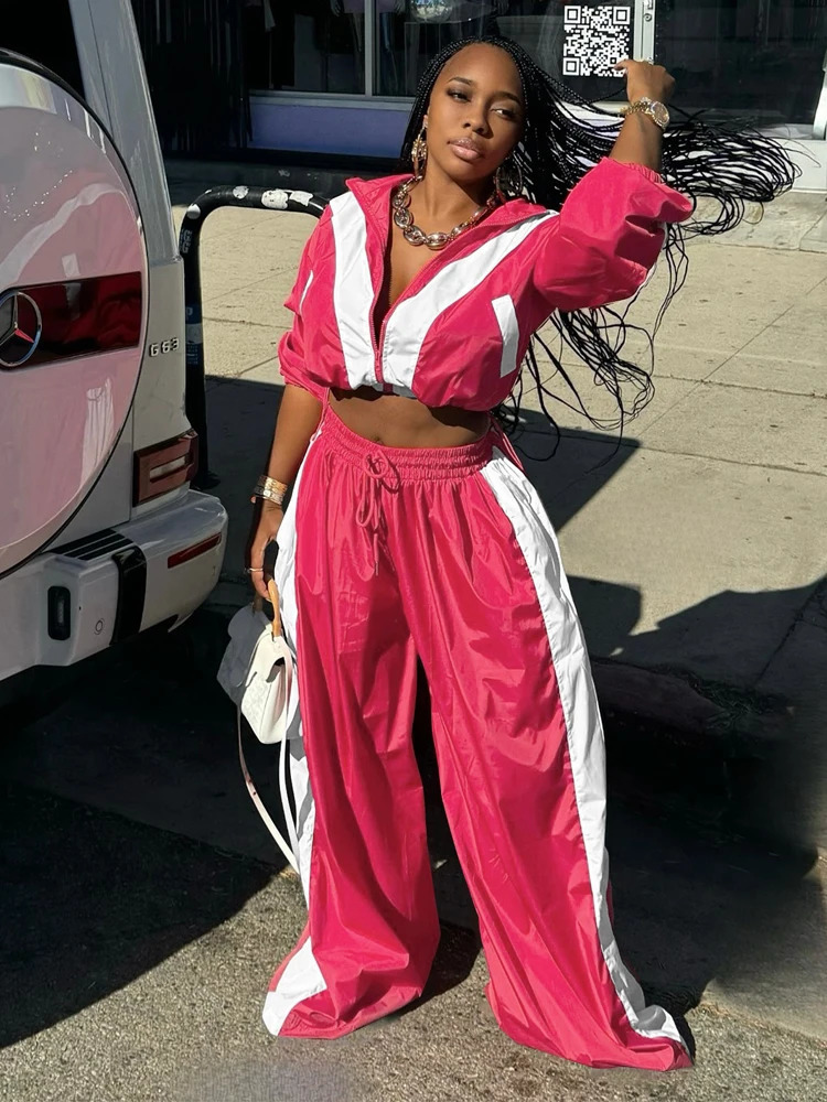 Color Contrast Women Sets Loose Casual Zip Up Jacket with High Waist Drawstring Wide Leg Pants Suit Street Sweatsuit 2 Piece Set 250109