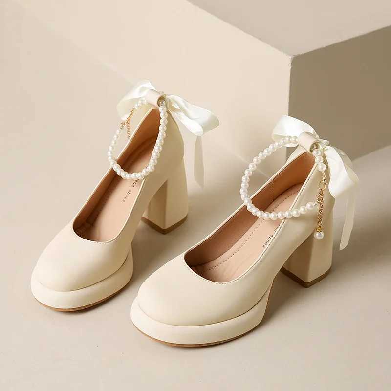 New Arrival Mary Jane/Lolita Platform Shoes Womens High Heels Pearl Bow Ankle Strap Shallow Comfortable Thick High Heels Pump Chaussure T250110